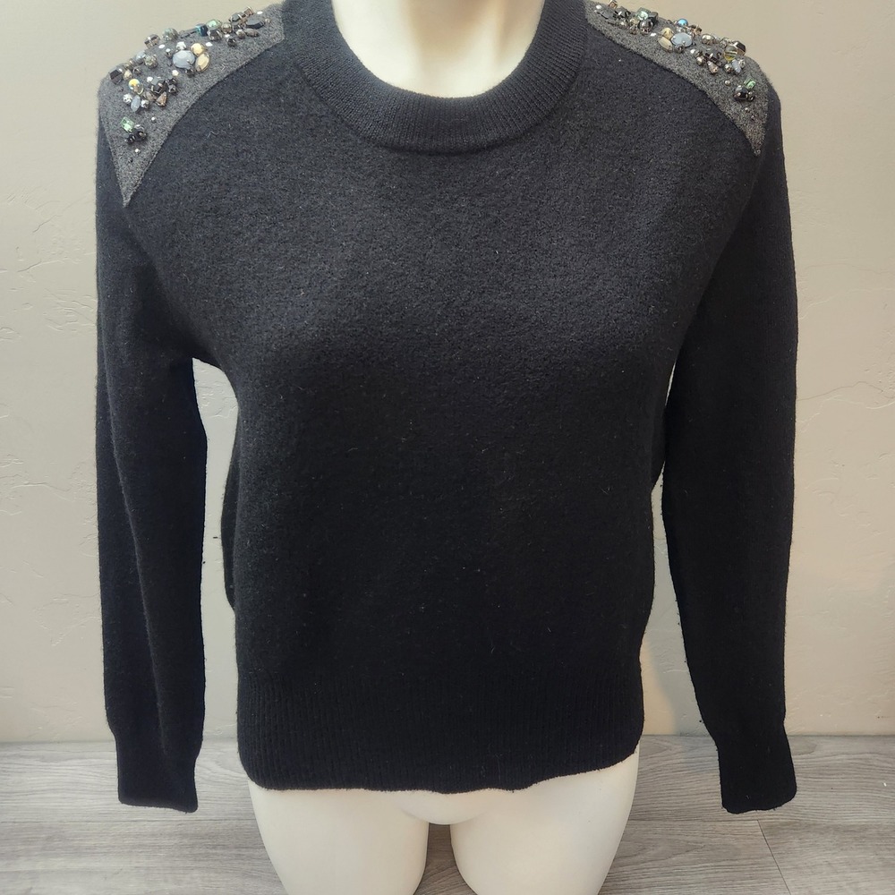 J. Crew Black Sweater Size S Merino Full Zip Back Embellish Shoulder Detail Crew